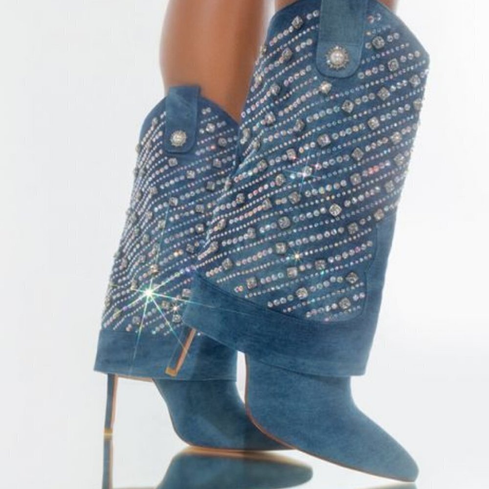 AZALEA WANG PLAYING TO WIN RHINESTONE STUDDED DENIM STILETTO BOOTIE ( BRAND NEW - Picture 5 of 13